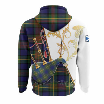 Muir Tartan Family Crest Hoodie Bagpipes with Scottish Thistle