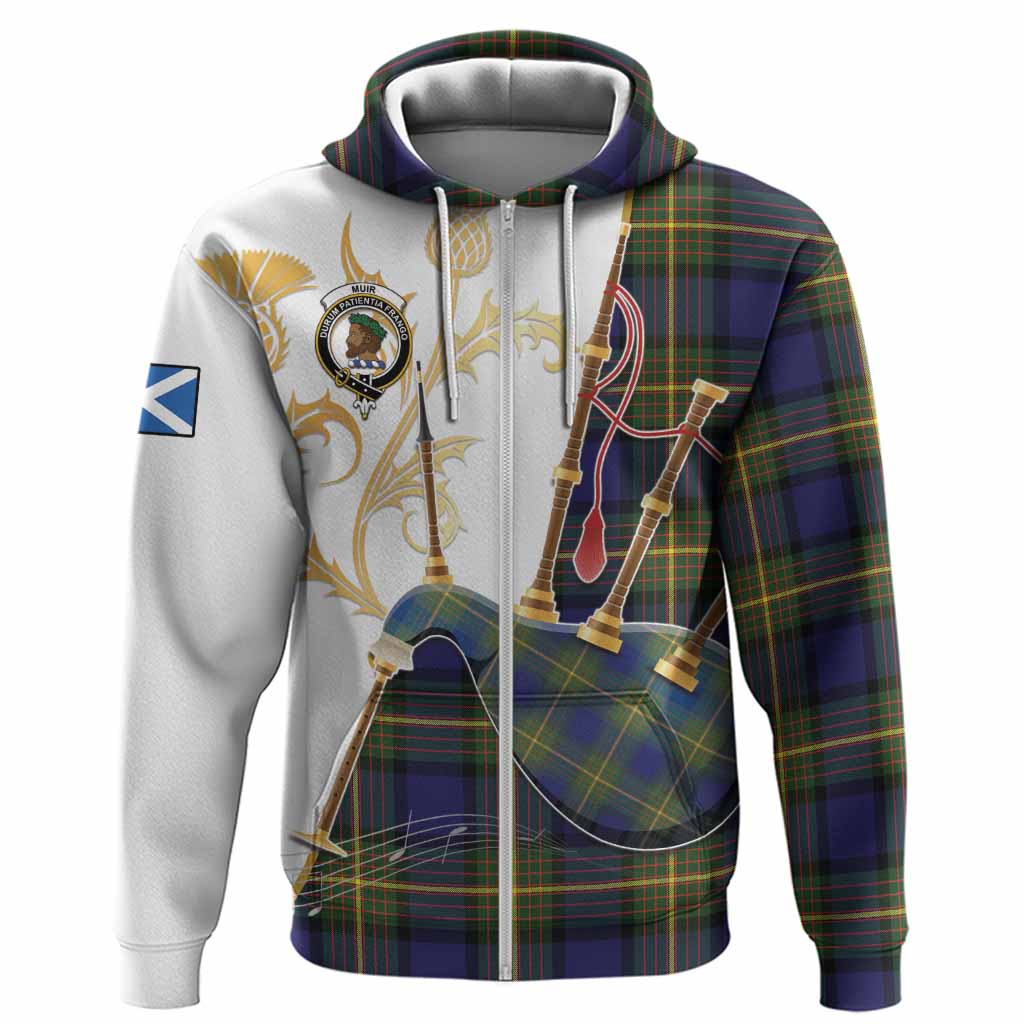 Muir Tartan Family Crest Hoodie Bagpipes with Scottish Thistle