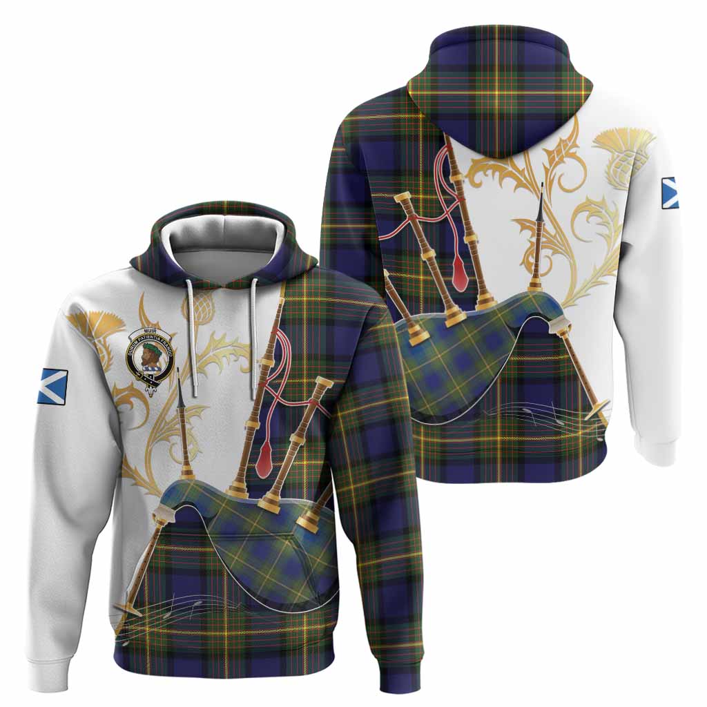 Muir Tartan Family Crest Hoodie Bagpipes with Scottish Thistle