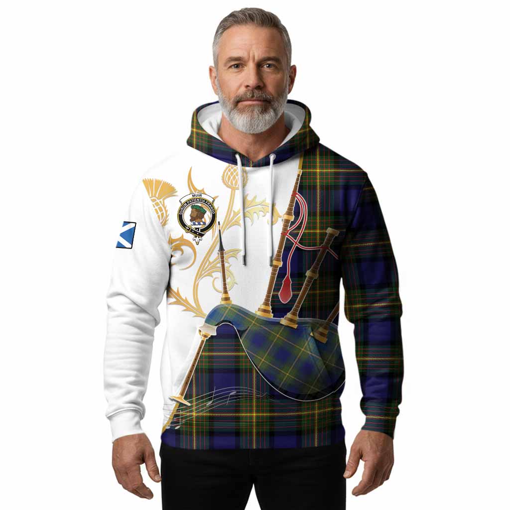 Muir Tartan Family Crest Hoodie Bagpipes with Scottish Thistle