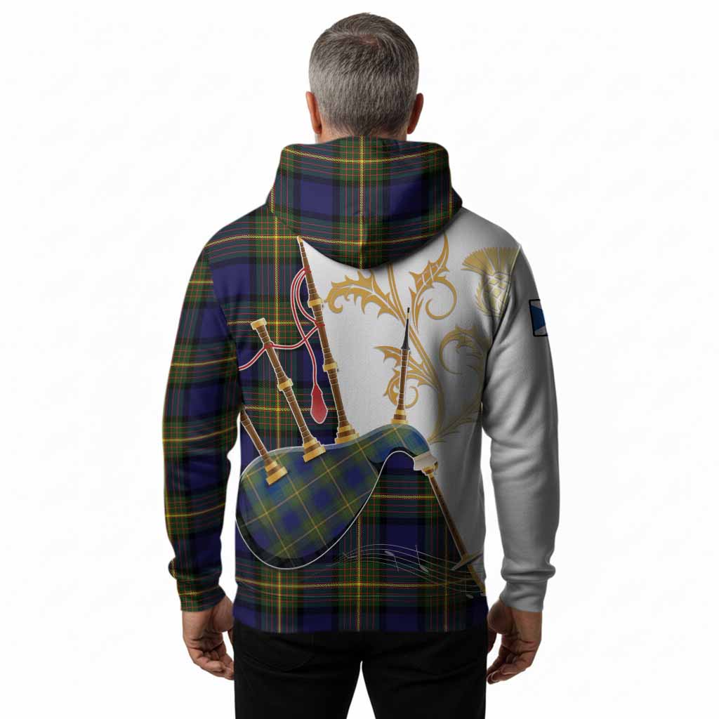 Muir Tartan Family Crest Hoodie Bagpipes with Scottish Thistle