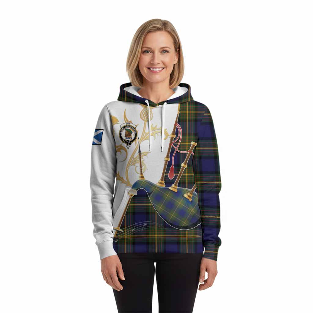 Muir Tartan Family Crest Hoodie Bagpipes with Scottish Thistle