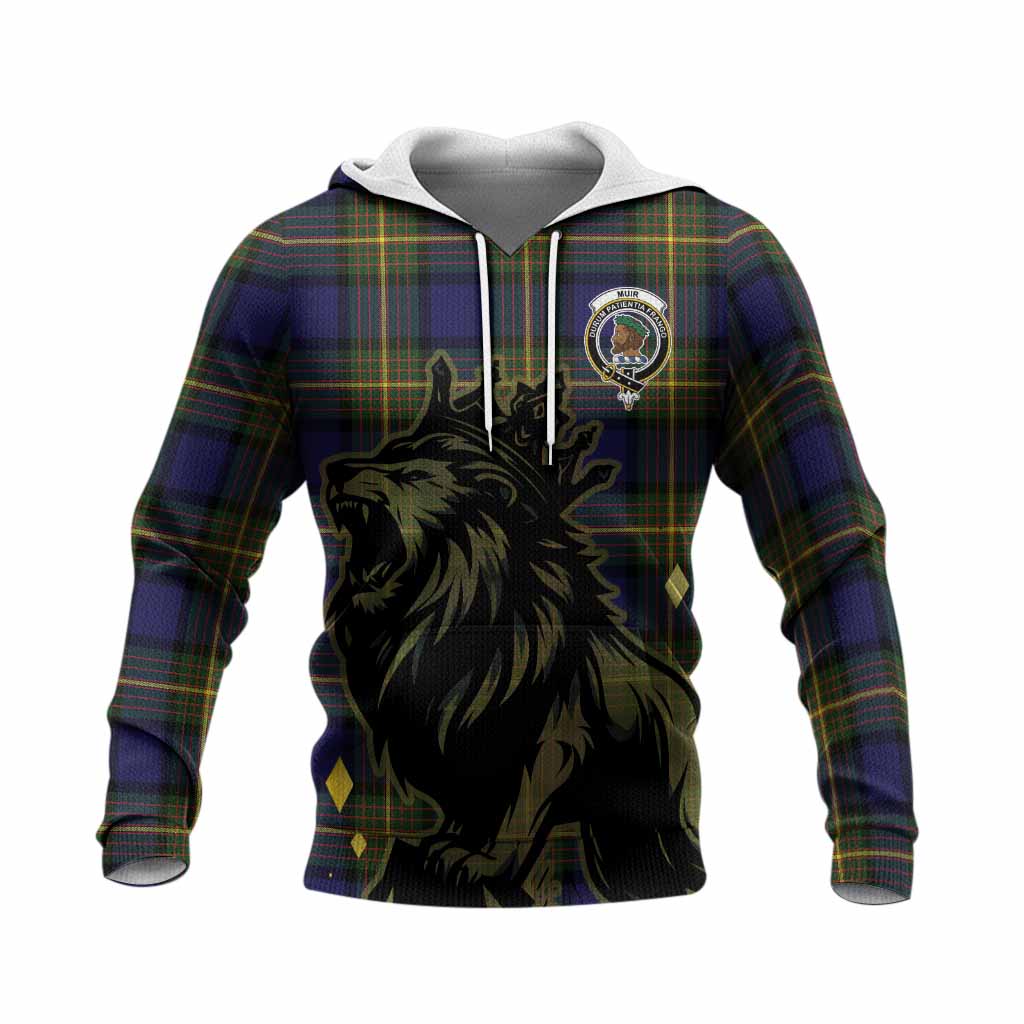 Muir Tartan Family Crest Knitted Hoodie Crowned Lion Roaring