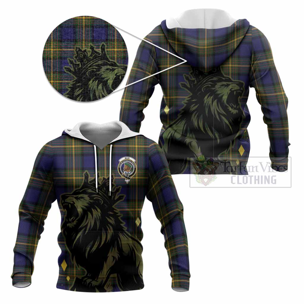 Muir Tartan Family Crest Knitted Hoodie Crowned Lion Roaring