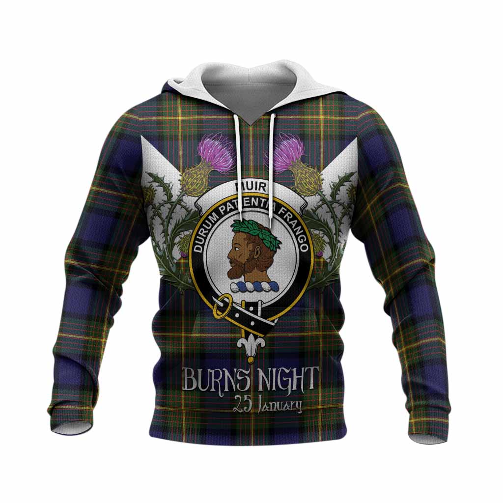 Muir Tartan Family Crest Knitted Hoodie Scottish Burns Night Thistle Floral