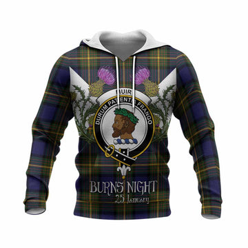 Muir Tartan Family Crest Knitted Hoodie Scottish Burns Night Thistle Floral