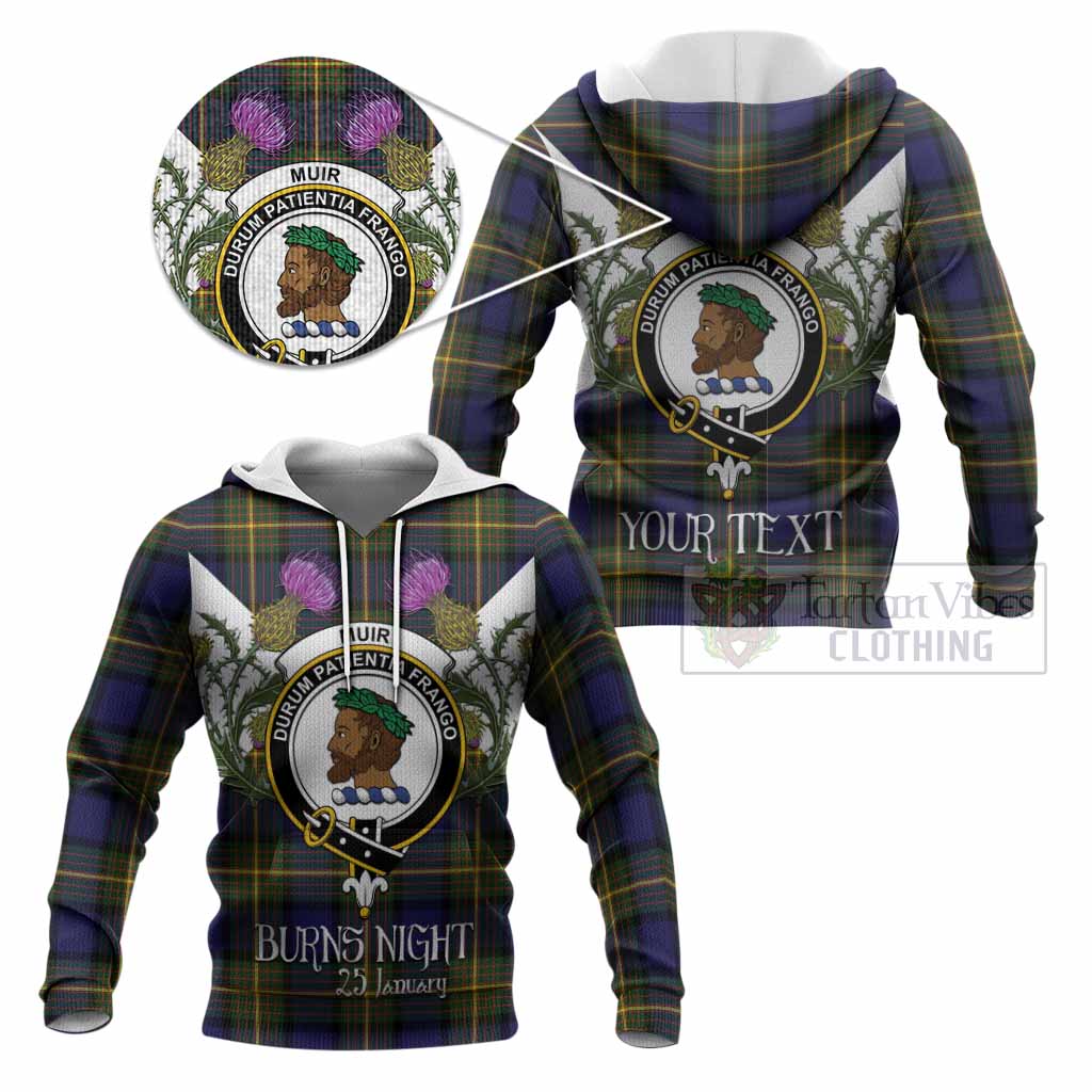 Muir Tartan Family Crest Knitted Hoodie Scottish Burns Night Thistle Floral