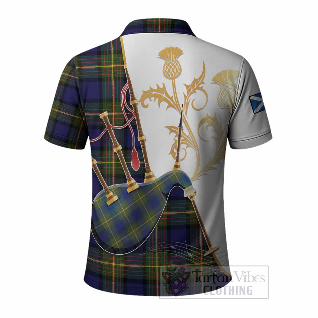 Muir Tartan Family Crest Polo Shirt Bagpipes with Scottish Thistle