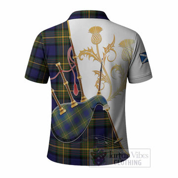 Muir Tartan Family Crest Polo Shirt Bagpipes with Scottish Thistle