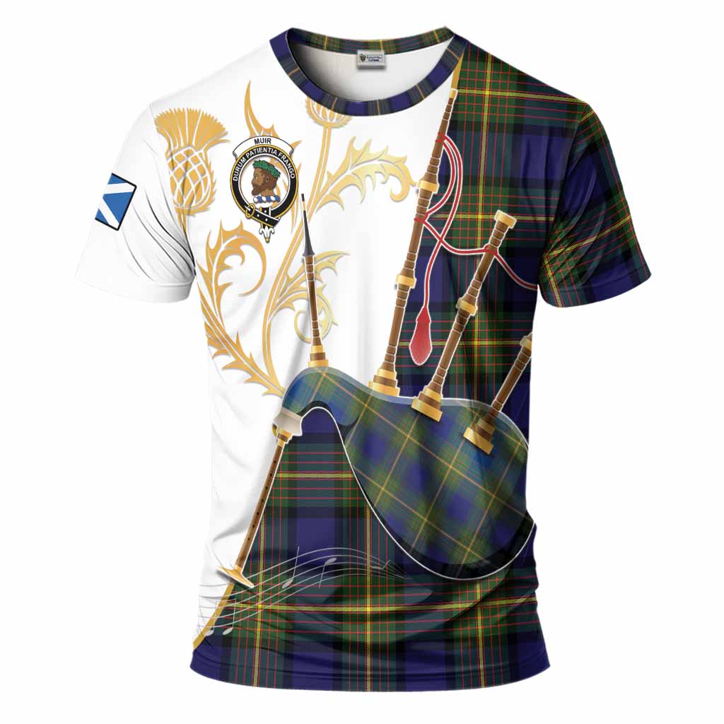 Muir Tartan Family Crest T-Shirt Bagpipes with Scottish Thistle