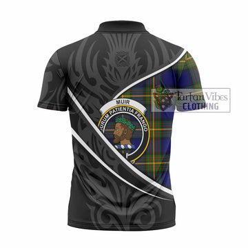 Muir Tartan Family Crest Zipper Polo Shirt Celtic Scottish Thistle Floral