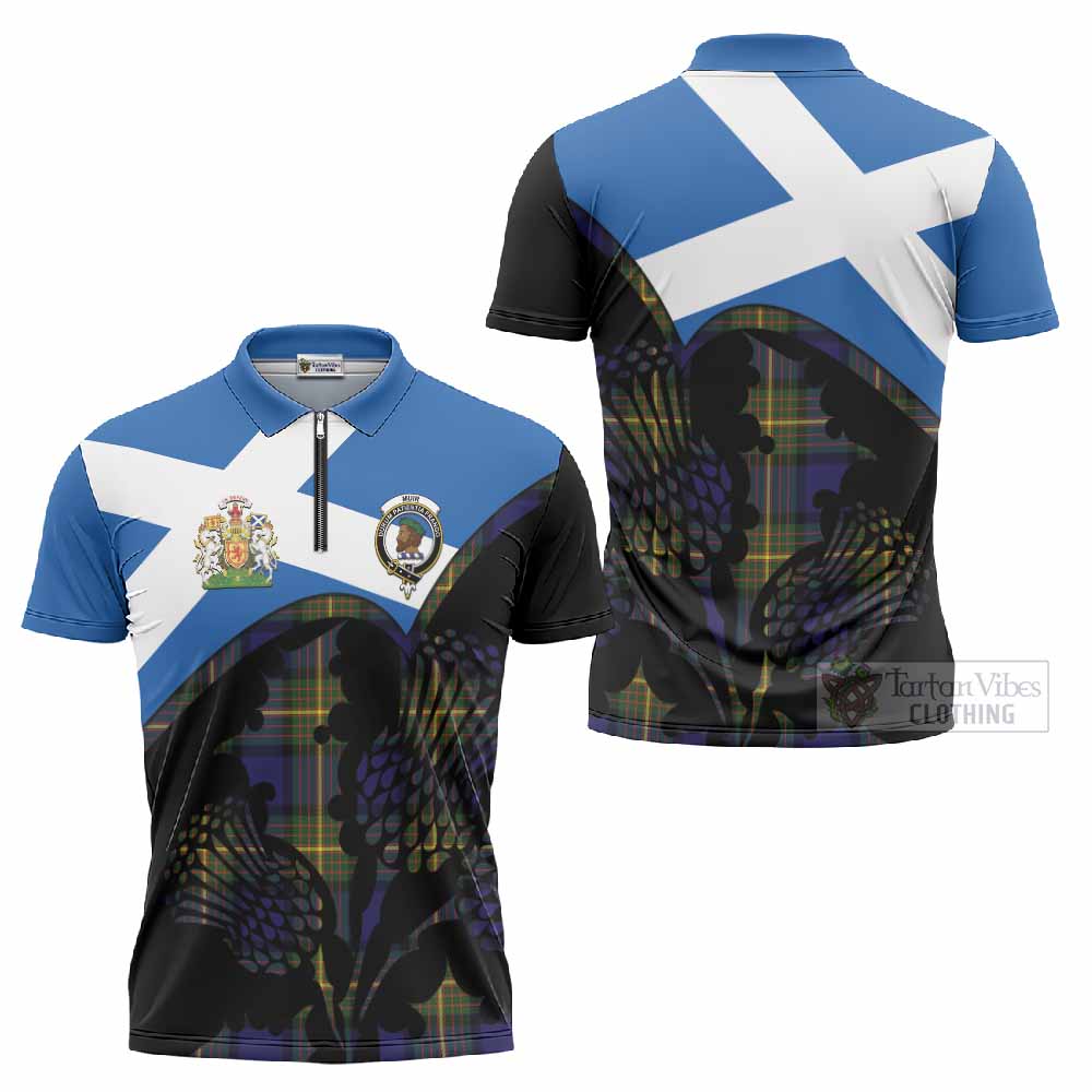 Muir Tartan Family Crest Zipper Polo Shirt Scotland Thistle Floral Flag Style