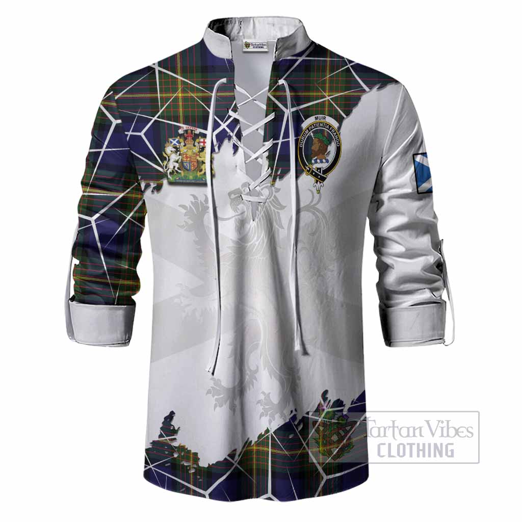 Muir Tartan Ghillie Shirt with Family Crest and Lion Rampant Grunge Style