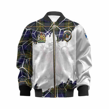 Muir Tartan Kid Bomber Jacket with Family Crest and Lion Rampant Grunge Style
