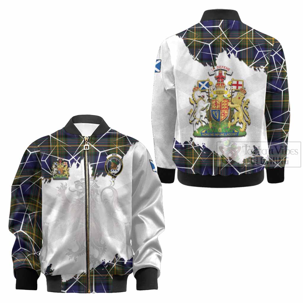 Muir Tartan Kid Bomber Jacket with Family Crest and Lion Rampant Grunge Style