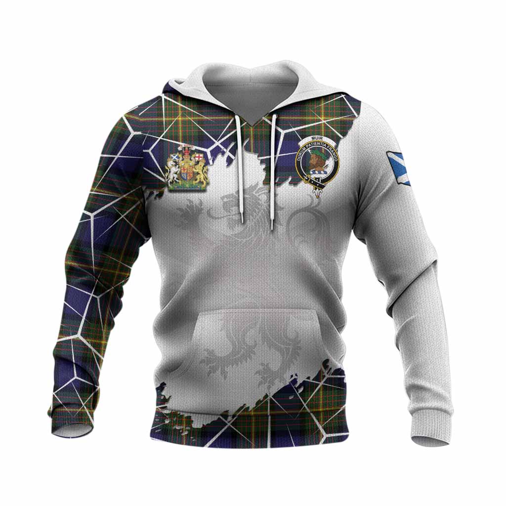 Muir Tartan Knitted Hoodie with Family Crest and Lion Rampant Grunge Style