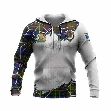 Muir Tartan Knitted Hoodie with Family Crest and Lion Rampant Grunge Style