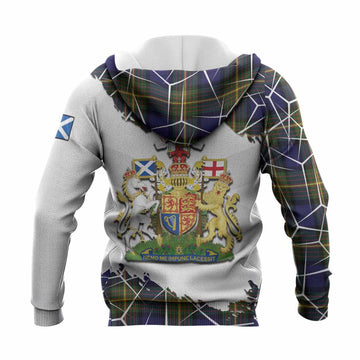 Muir Tartan Knitted Hoodie with Family Crest and Lion Rampant Grunge Style