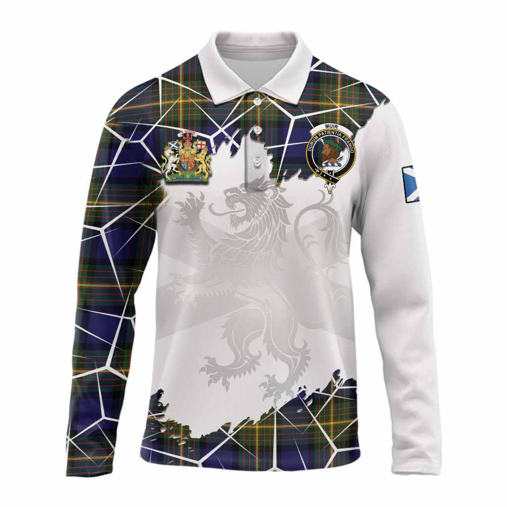 Muir Tartan Long Sleeve Polo Shirt with Family Crest and Lion Rampant Grunge Style