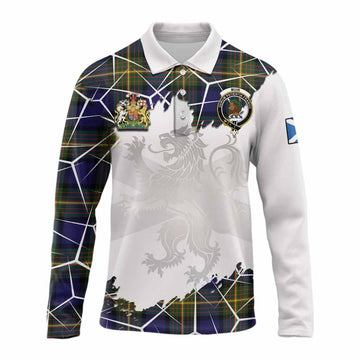 Muir Tartan Long Sleeve Polo Shirt with Family Crest and Lion Rampant Grunge Style