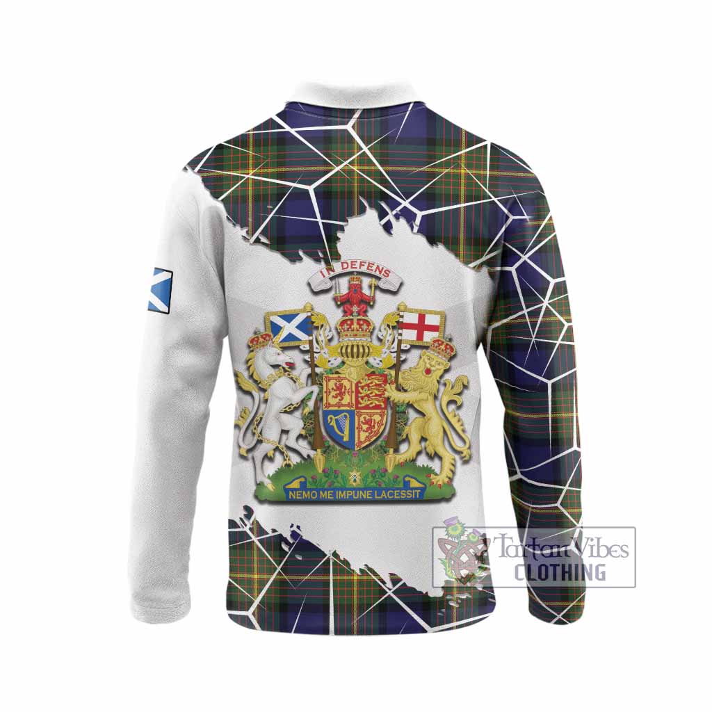 Muir Tartan Long Sleeve Polo Shirt with Family Crest and Lion Rampant Grunge Style