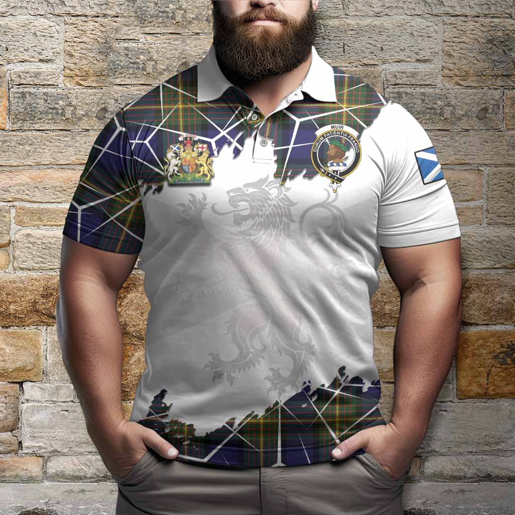 Muir Tartan Polo Shirt with Family Crest and Lion Rampant Grunge Style