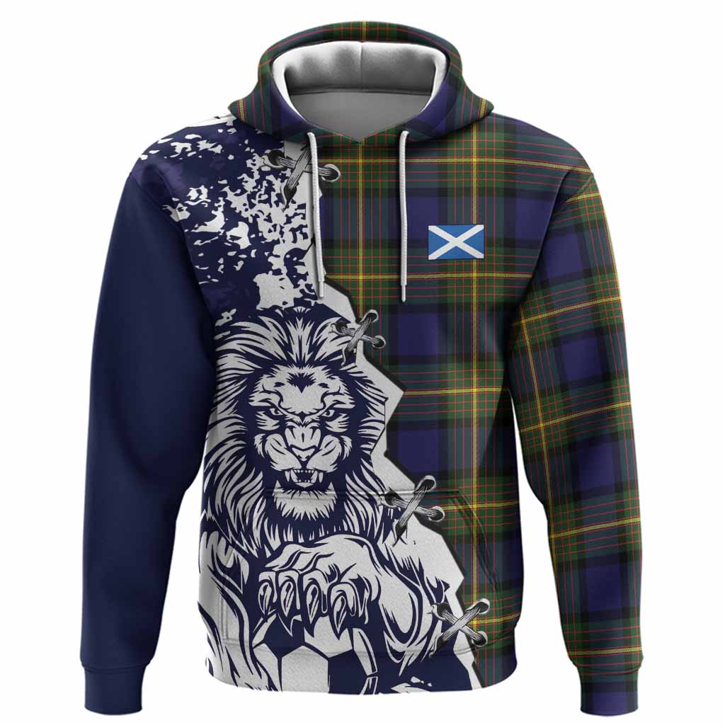 Muir Tartan Scottish Hoodie Angry Lion With Soccer Ball Style