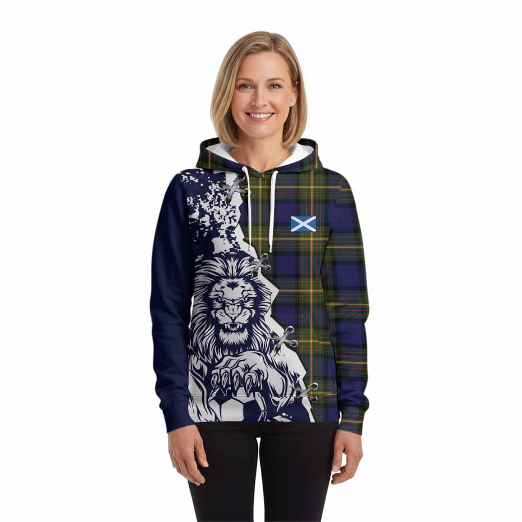 Muir Tartan Scottish Hoodie Angry Lion With Soccer Ball Style