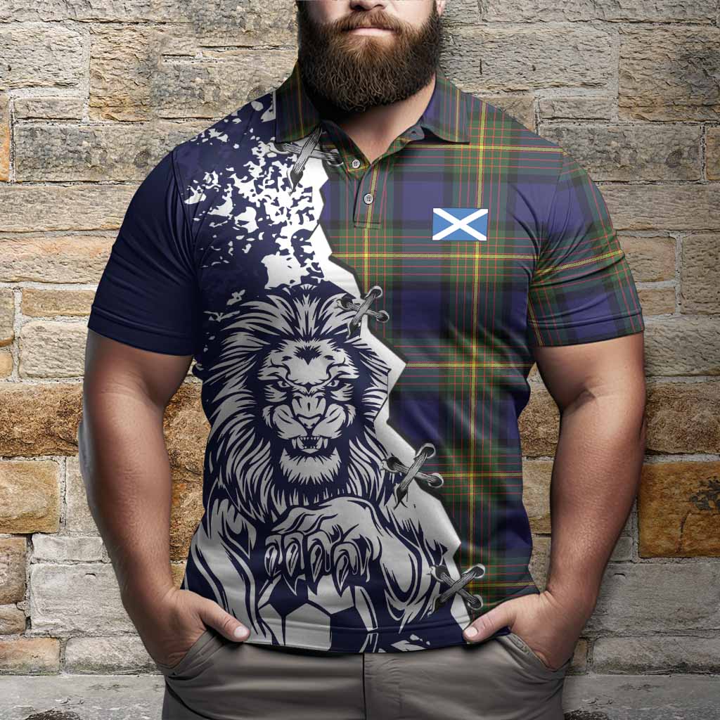 Muir Tartan Scottish Polo Shirt Angry Lion With Soccer Ball Style