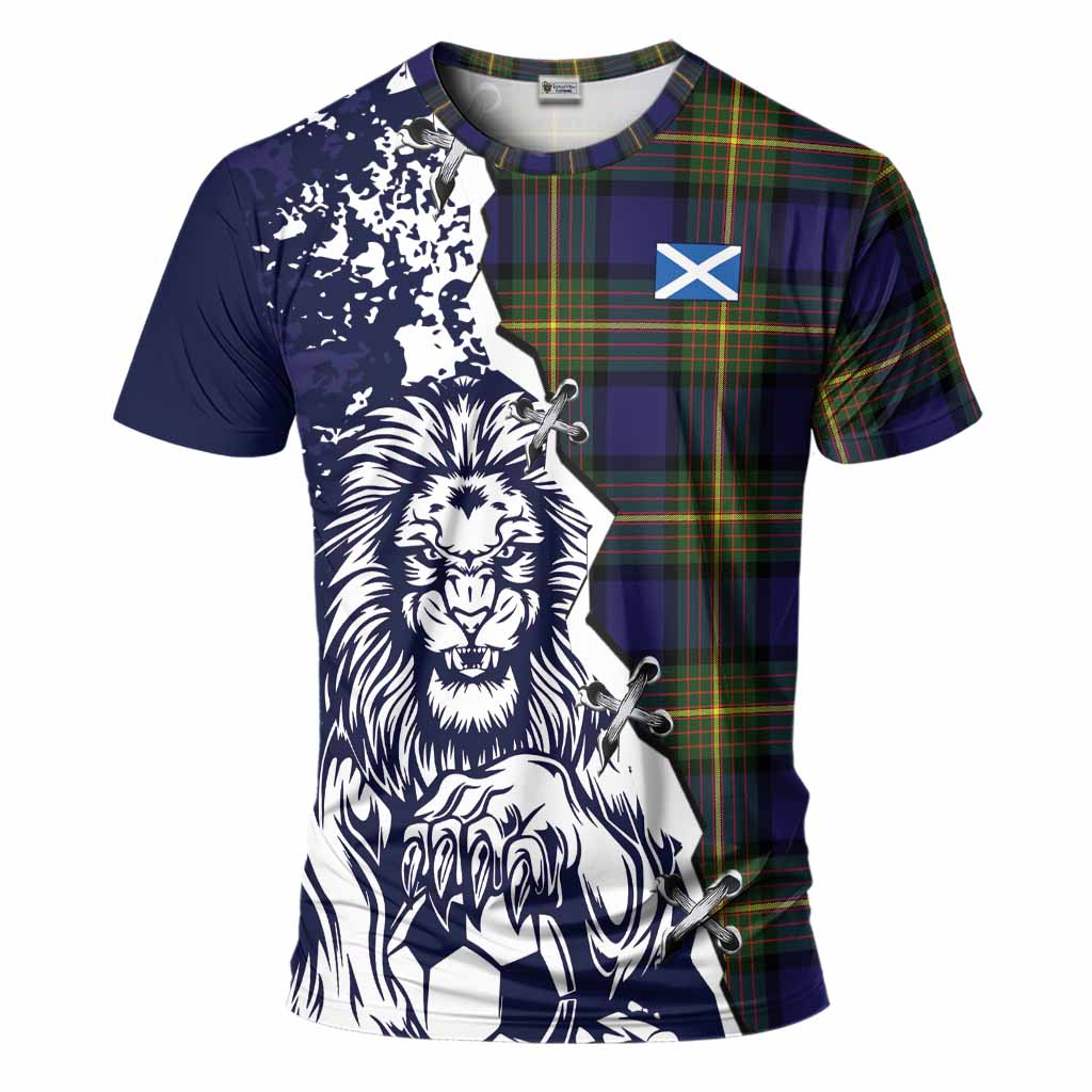 Muir Tartan Scottish T-Shirt Angry Lion With Soccer Ball Style