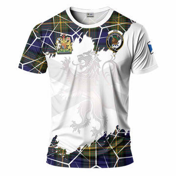 Muir Tartan T-Shirt with Family Crest and Lion Rampant Grunge Style