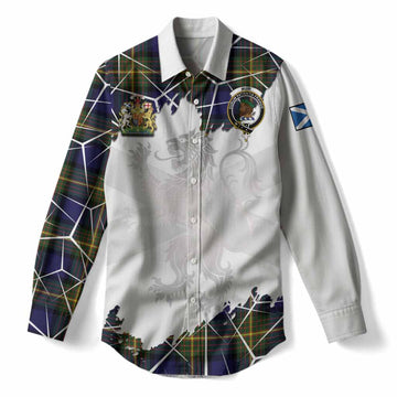 Muir Tartan Women Casual Shirt with Family Crest and Lion Rampant Grunge Style