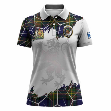 Muir Tartan Women Polo Shirt with Family Crest and Lion Rampant Grunge Style