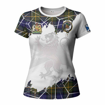 Muir Tartan Women T shirt with Family Crest and Lion Rampant Grunge Style