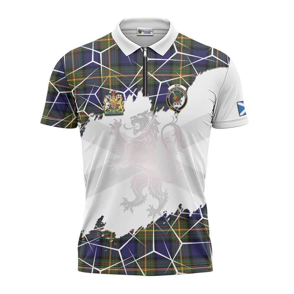 Muir Tartan Zipper Polo Shirt with Family Crest and Lion Rampant Grunge Style