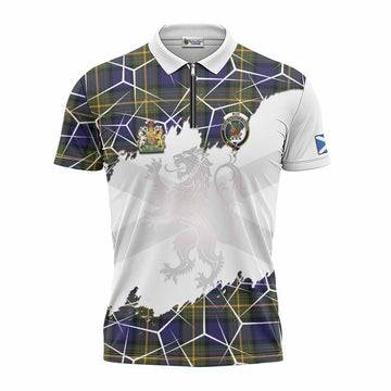 Muir Tartan Zipper Polo Shirt with Family Crest and Lion Rampant Grunge Style