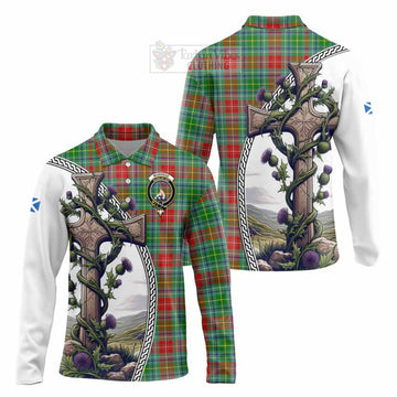 Muirhead Tartan Long Sleeve Polo Shirt with Family Crest and St. Andrew's Cross Accented by Thistle Vines Unisex - Tartan Vibes Clothing