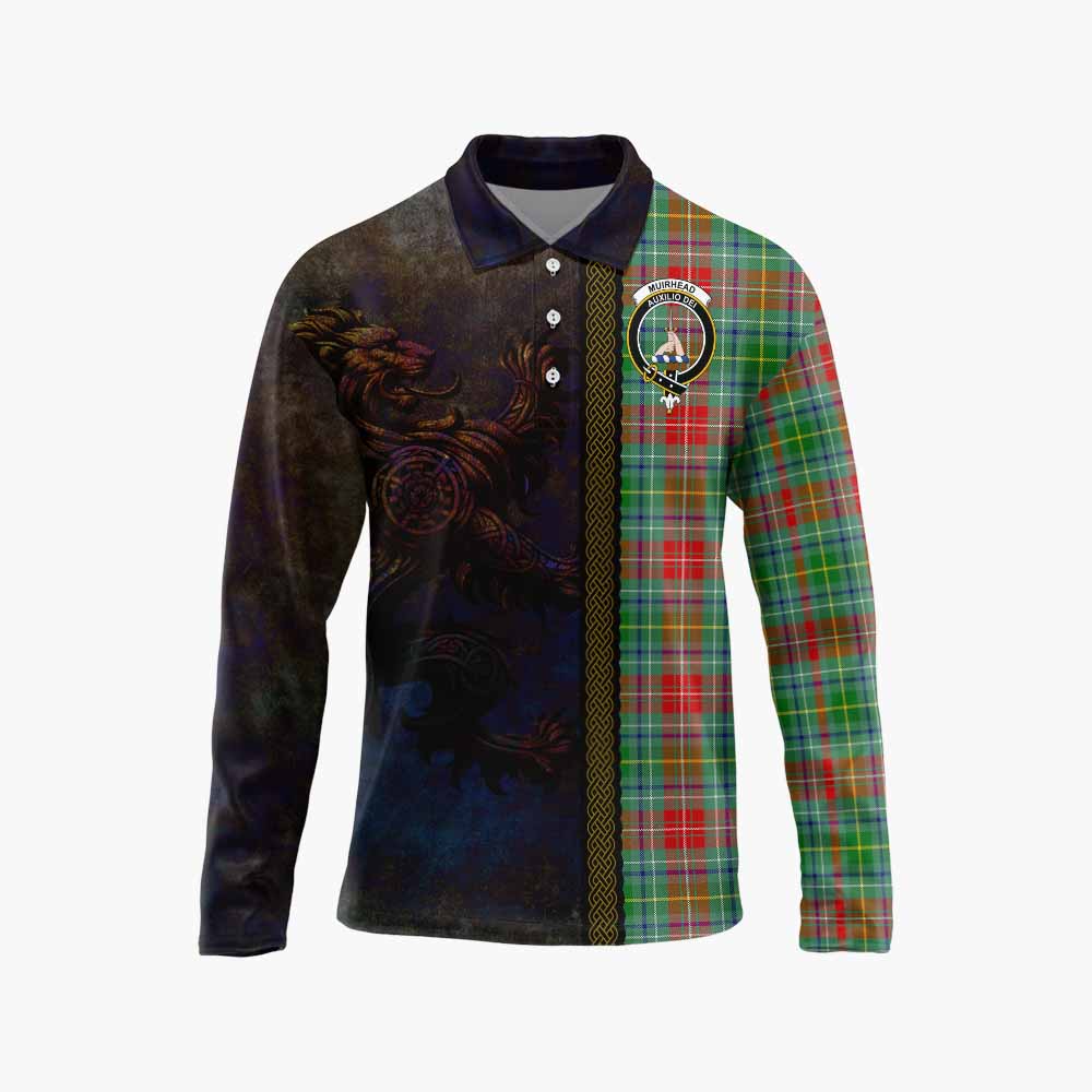 Tartan Vibes Clothing Muirhead Tartan Family Crest Long Sleeve Polo Shirt Alba Gu Brath Be Brave Lion Ancient Style