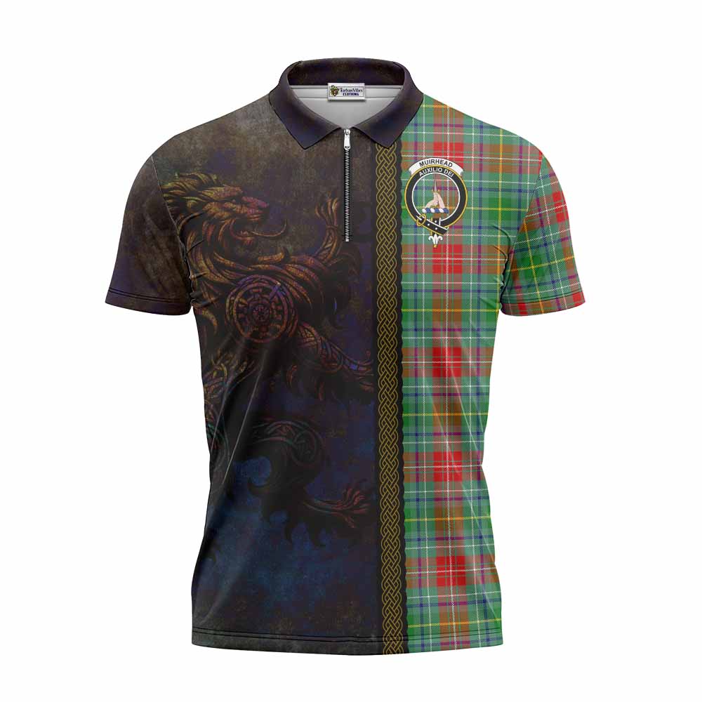 Tartan Vibes Clothing Muirhead Tartan Family Crest Zipper Polo Shirt Alba Gu Brath Be Brave Lion Ancient Style