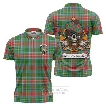 Muirhead Tartan Zipper Polo Shirt with Family Crest and Bearded Skull Holding Bottles of Whiskey Unisex - Tartan Vibes Clothing