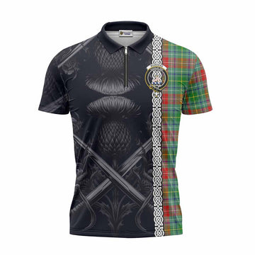 Muirhead Tartan Zipper Polo Shirt with Family Crest Cross Sword Thistle Celtic Vibes Unisex - Tartan Vibes Clothing