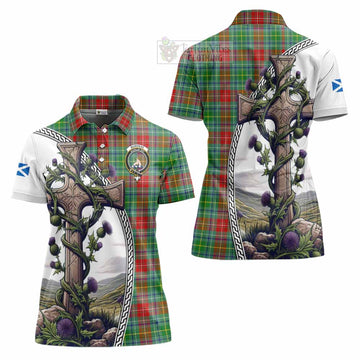 Muirhead Tartan Women's Polo Shirt with Family Crest and St. Andrew's Cross Accented by Thistle Vines Women - Tartan Vibes Clothing