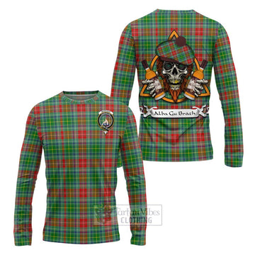 Muirhead Tartan Long Sleeve T-Shirt with Family Crest and Bearded Skull Holding Bottles of Whiskey Unisex - Tartan Vibes Clothing