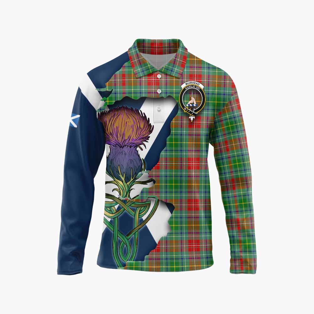 Tartan Vibes Clothing Muirhead Tartan Family Crest Long Sleeve Polo Shirt Scottish Thistle Celtic Inspired