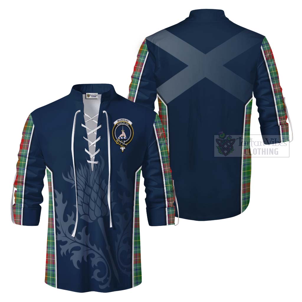 Tartan Vibes Clothing Muirhead Tartan Ghillie Kilt Shirt with Family Crest and Scottish Thistle Vibes Sport Style