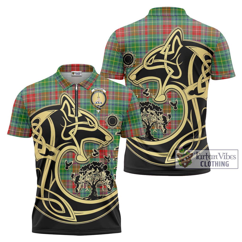 Muirhead Tartan Zipper Polo Shirt with Family Crest Celtic Wolf Style Unisex - Tartan Vibes Clothing