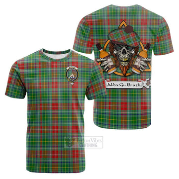 Muirhead Tartan Cotton T-shirt with Family Crest and Bearded Skull Holding Bottles of Whiskey Kid's Shirt - Tartan Vibes Clothing