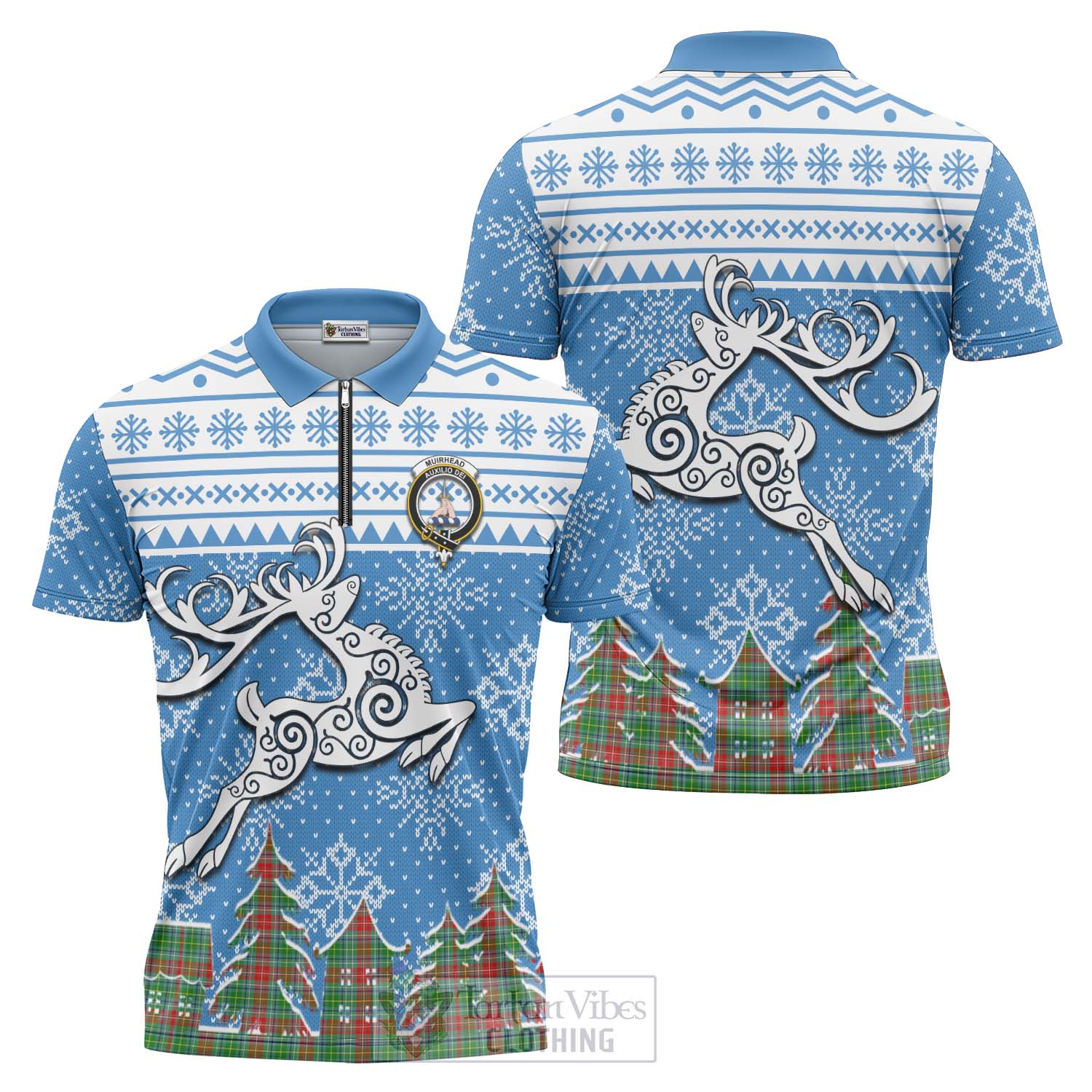 Muirhead Clan Christmas Zipper Polo Shirt Celtic Reindeer Style Unisex - Tartan Vibes Clothing