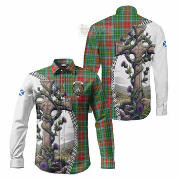 Muirhead Tartan Long Sleeve Button Shirt with Family Crest and St. Andrew's Cross Accented by Thistle Vines Men's Shirt S - Tartan Vibes Clothing