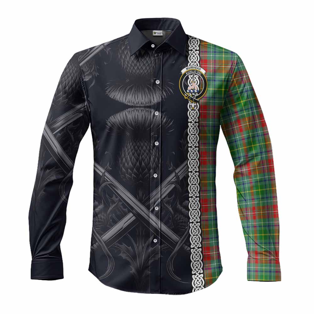 Tartan Vibes Clothing Muirhead Tartan Long Sleeve Button Shirt with Family Crest Cross Sword Thistle Celtic Vibes